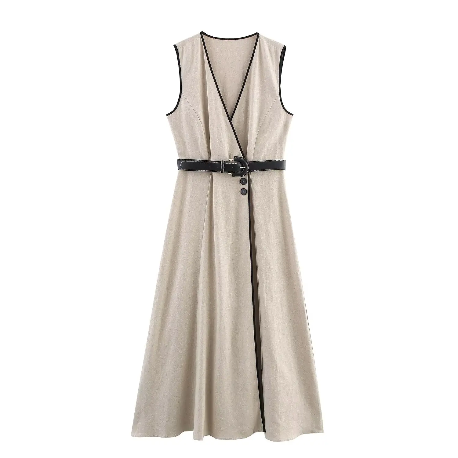 Ella | V-Neck Belted Sleeveless Midi Dress with Buttons and Belt