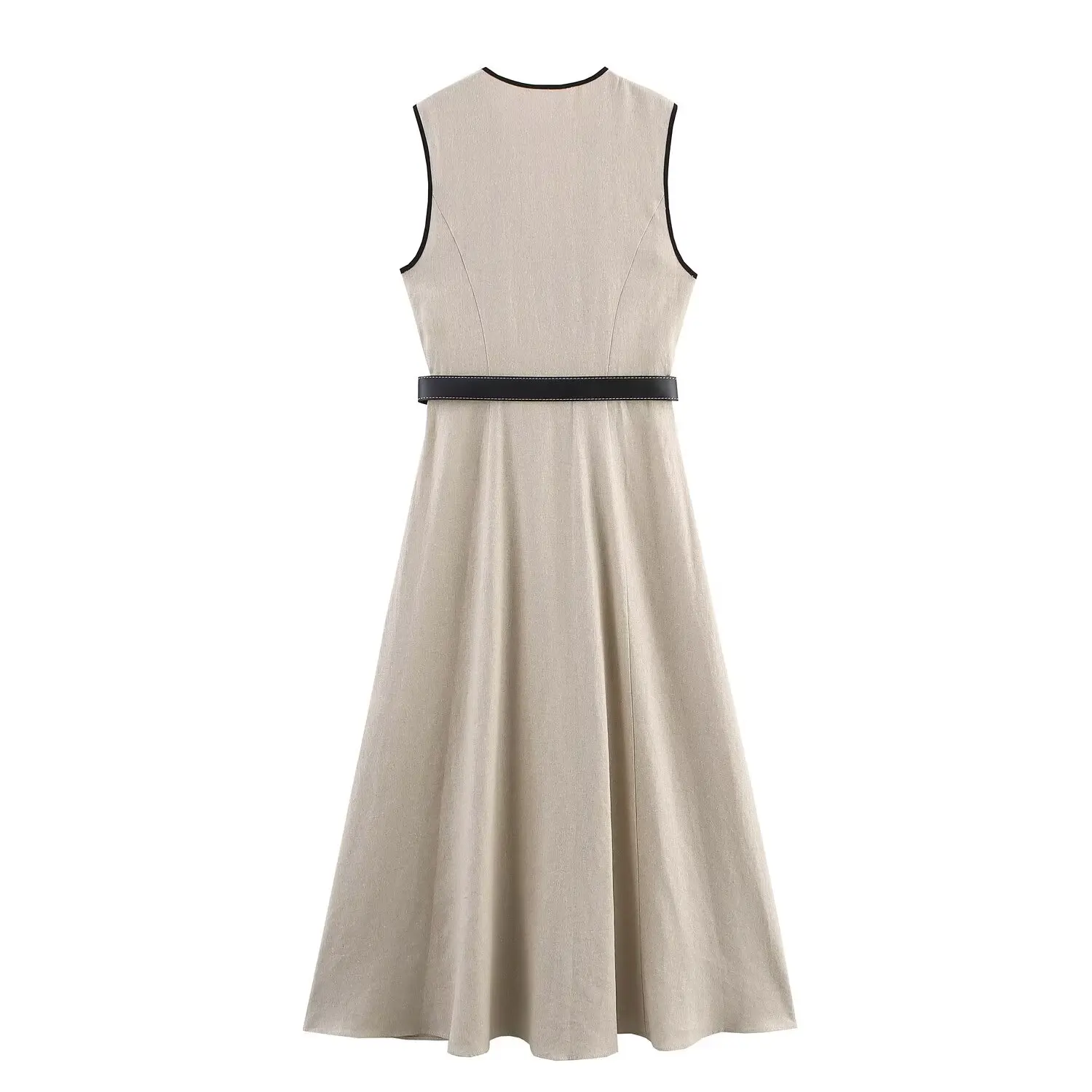 Ella | V-Neck Belted Sleeveless Midi Dress with Buttons and Belt