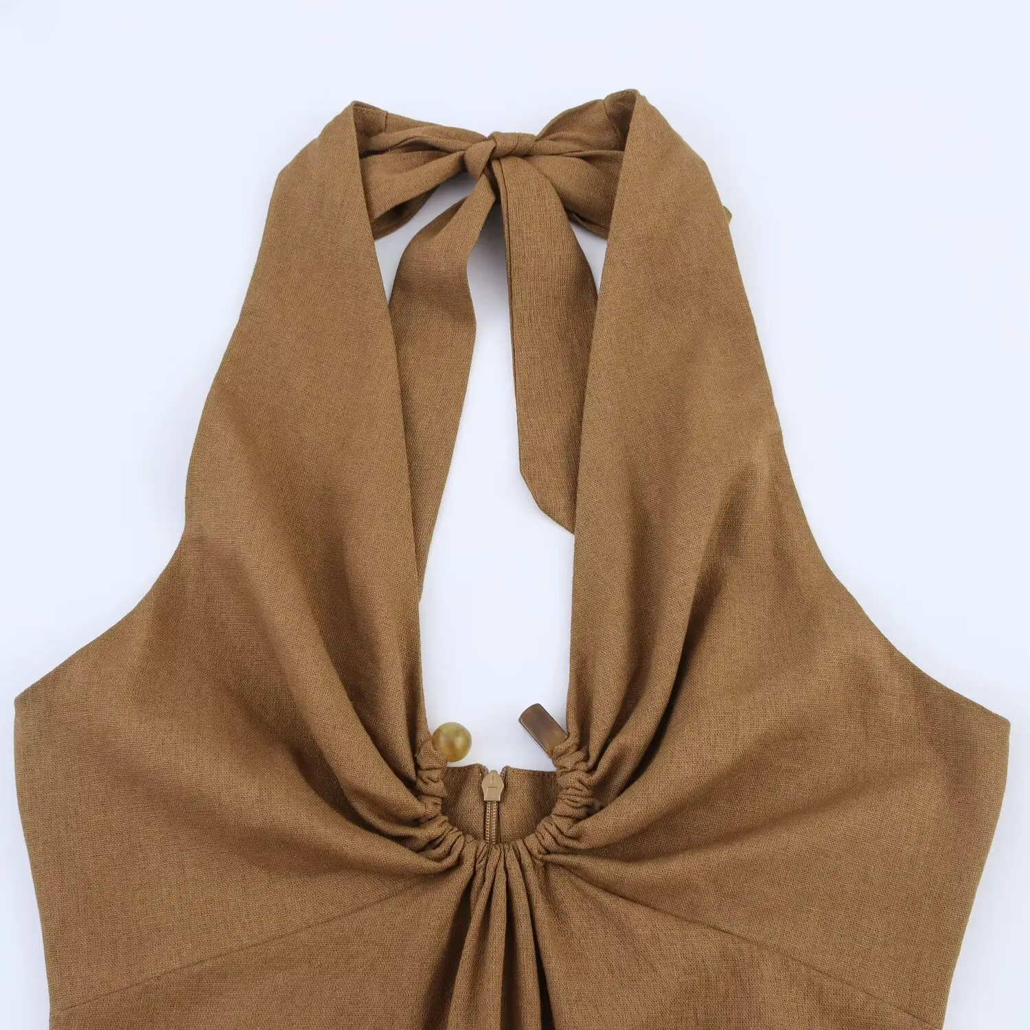 Rose | Linen Backless Slim Midi Dress with Buckle
